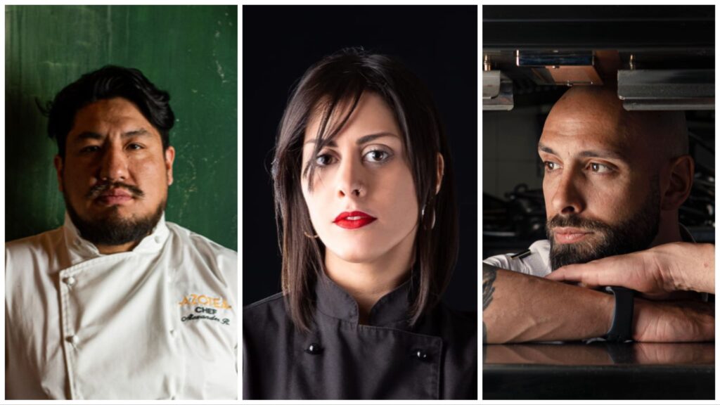 Alexander Robles, chef di Azotea a Torino, Valentina Rizzo, chef di Farmacia dei Sani a Ruffano (Lecce), e Andrea Antonini chef dell'Imàgo a Roma